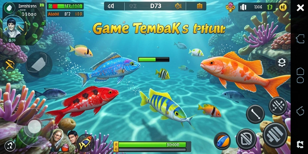 Screenshot D73 yang menunjukkan aksi tembak ikan yang seru.