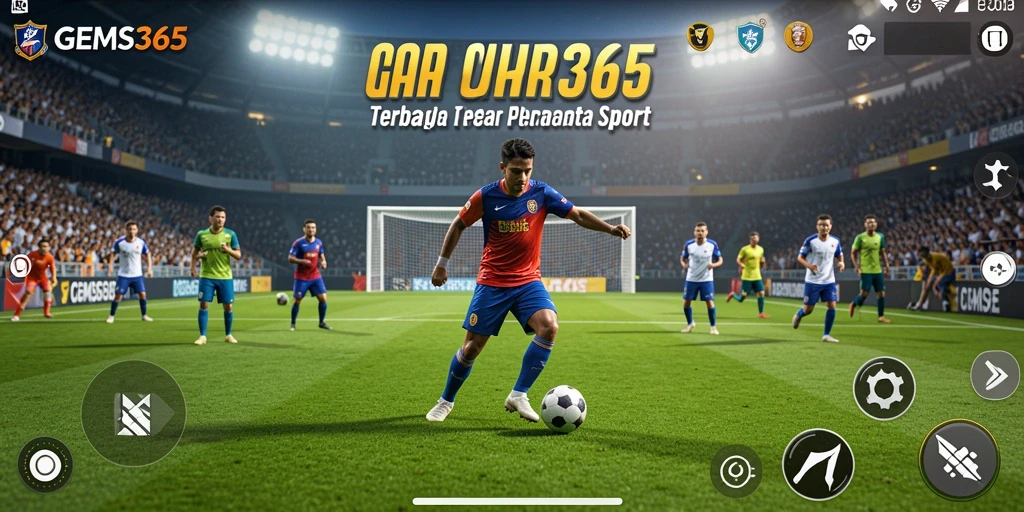 Screenshot GEMS365 menampilkan aksi seru di lapangan olahraga.