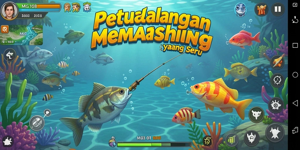 Screenshot MG108 menampilkan pemain yang sedang memancing di lokasi yang indah.