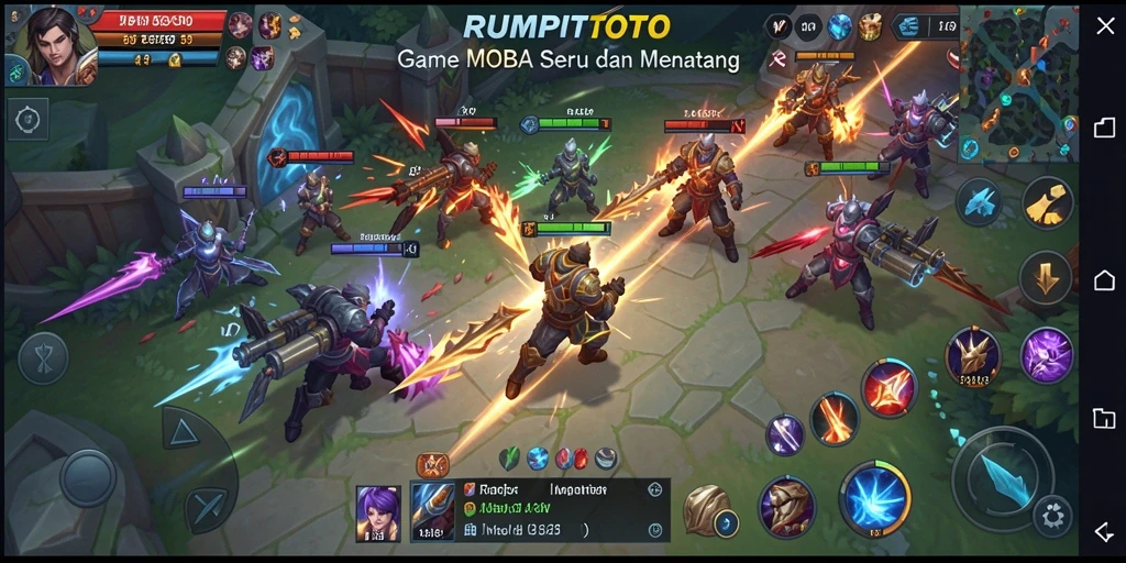 Screenshot gameplay RUMPITOTO yang menampilkan aksi seru dalam pertarungan MOBA.
